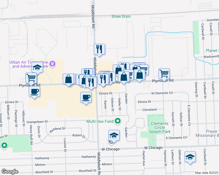 map of restaurants, bars, coffee shops, grocery stores, and more near 29199 Plymouth Road in Livonia