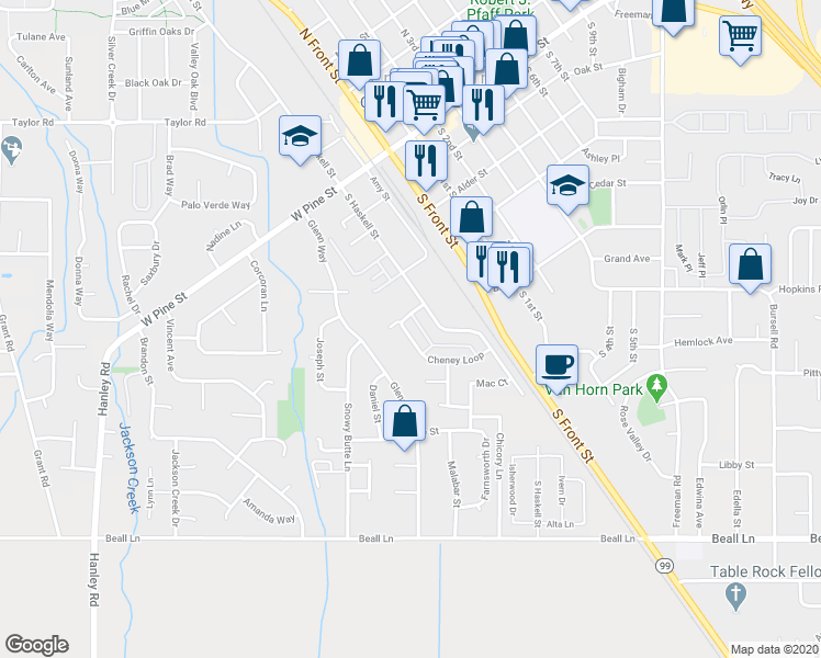 map of restaurants, bars, coffee shops, grocery stores, and more near 304 Cheney Loop in Central Point