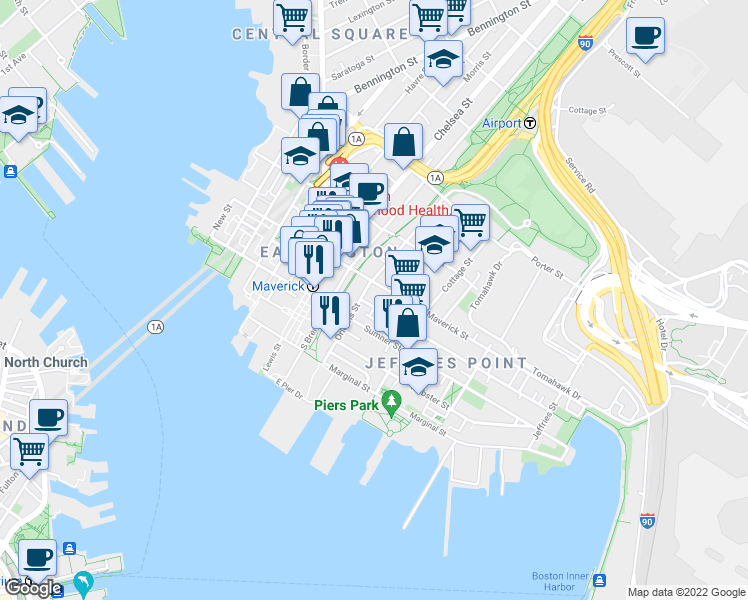 map of restaurants, bars, coffee shops, grocery stores, and more near 89 Orleans Street in Boston