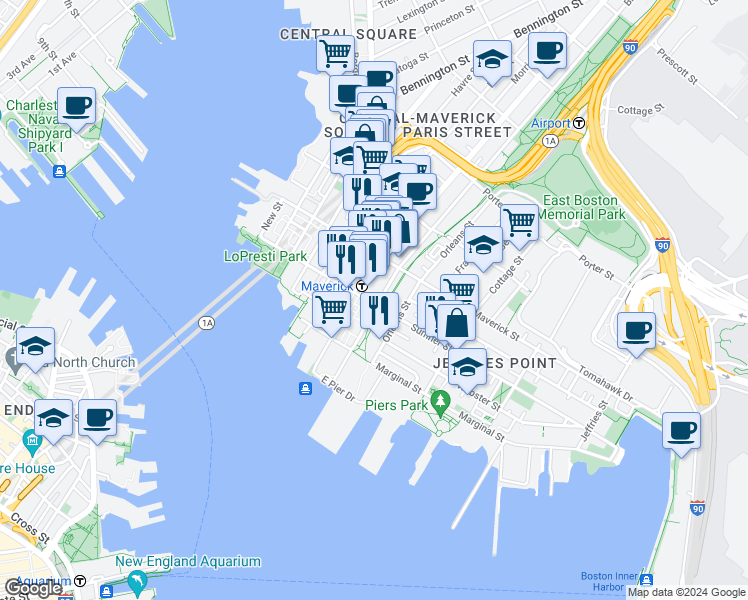 map of restaurants, bars, coffee shops, grocery stores, and more near 17 South Bremen Street in Boston