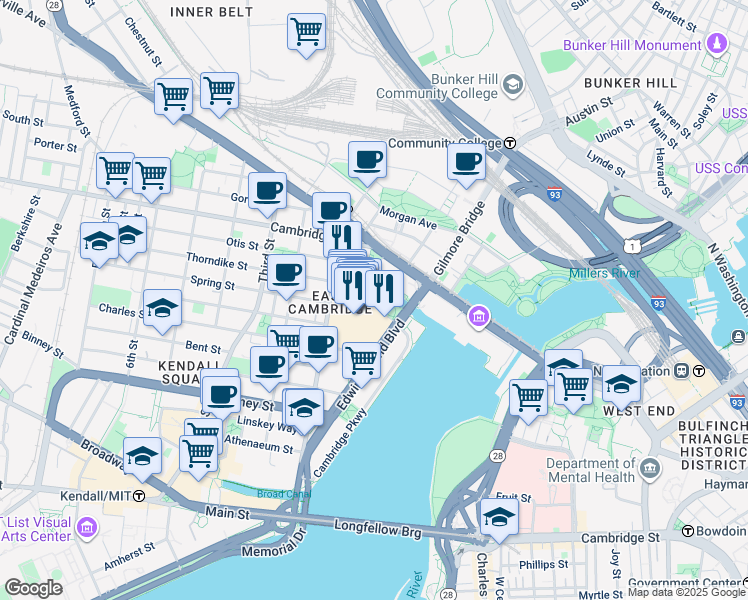 map of restaurants, bars, coffee shops, grocery stores, and more near 32 First Street in Cambridge
