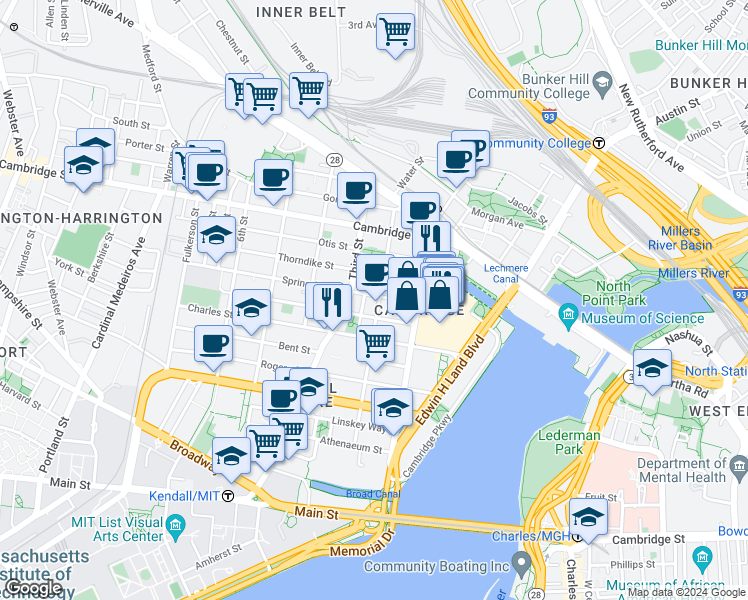 map of restaurants, bars, coffee shops, grocery stores, and more near 30 Spring Street in Cambridge