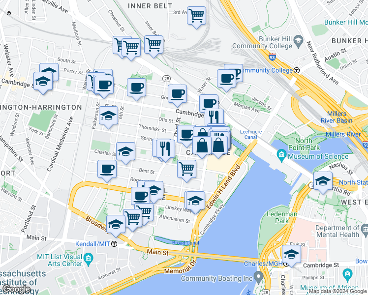 map of restaurants, bars, coffee shops, grocery stores, and more near 30 Spring Street in Cambridge