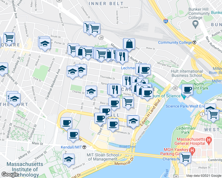 map of restaurants, bars, coffee shops, grocery stores, and more near 100 Sciarappa Street in Cambridge