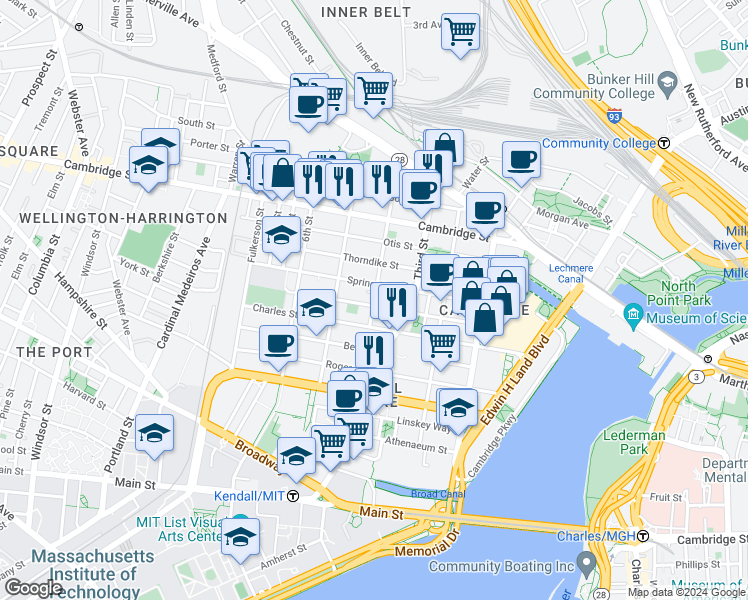 map of restaurants, bars, coffee shops, grocery stores, and more near 100 Sciarappa Street in Cambridge