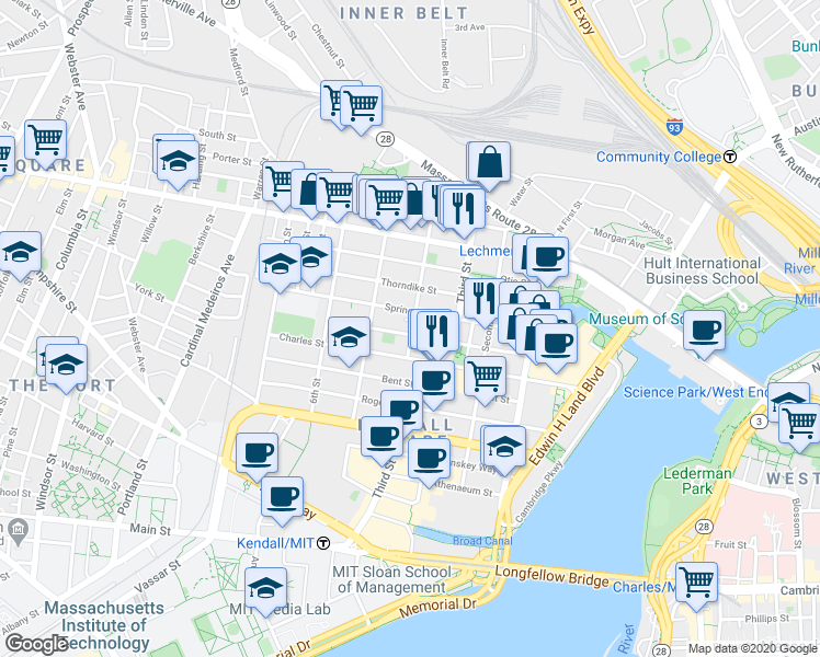 map of restaurants, bars, coffee shops, grocery stores, and more near 100 Sciarappa Street in Cambridge