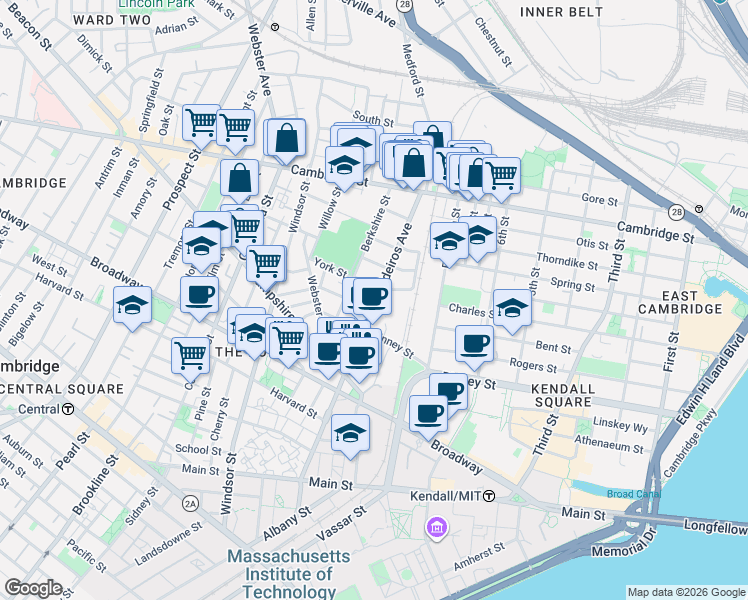 map of restaurants, bars, coffee shops, grocery stores, and more near 14 Vandine Street in Cambridge