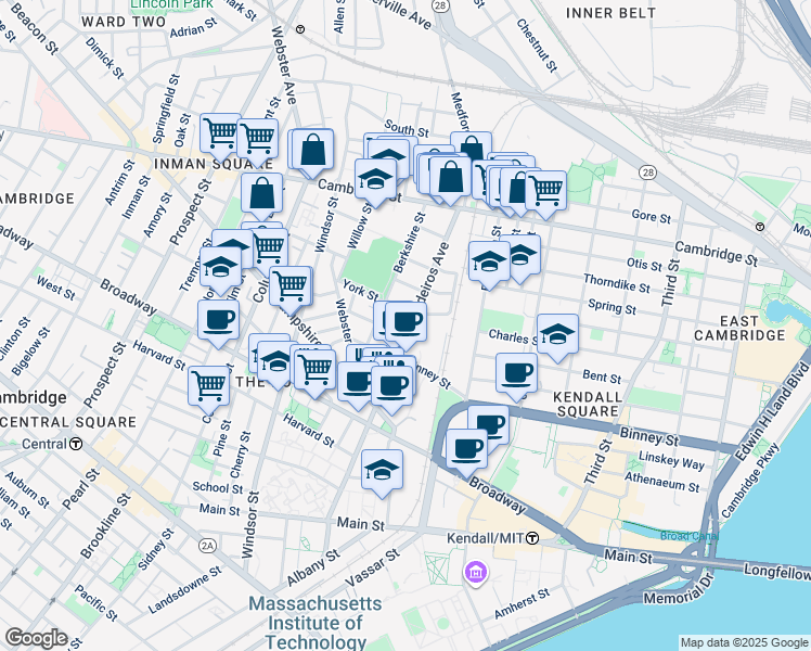 map of restaurants, bars, coffee shops, grocery stores, and more near 14 Vandine Street in Cambridge