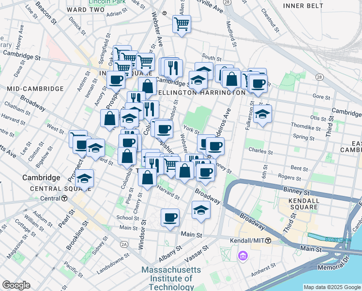 map of restaurants, bars, coffee shops, grocery stores, and more near in Cambridge
