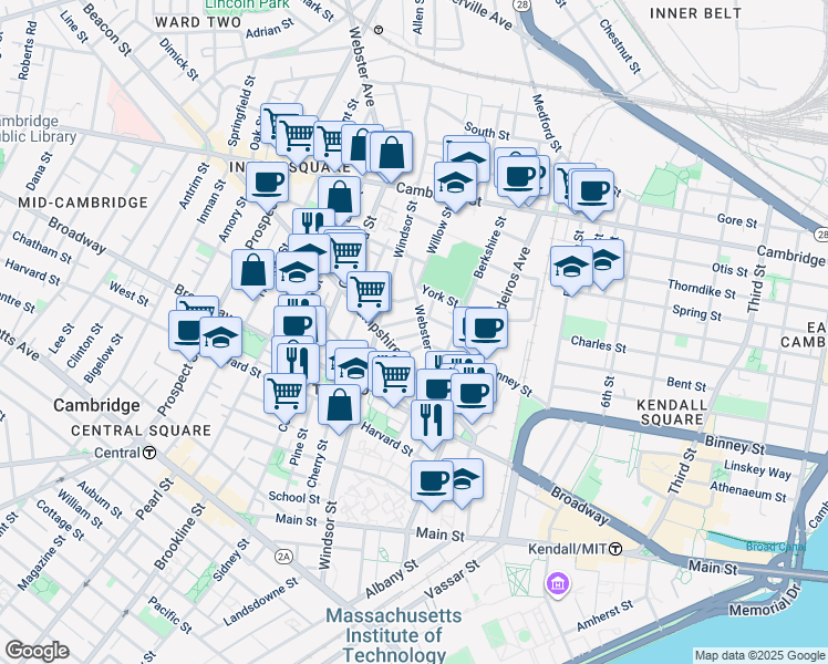 map of restaurants, bars, coffee shops, grocery stores, and more near in Cambridge