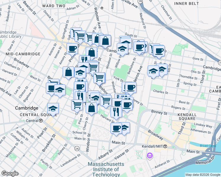 map of restaurants, bars, coffee shops, grocery stores, and more near in Cambridge