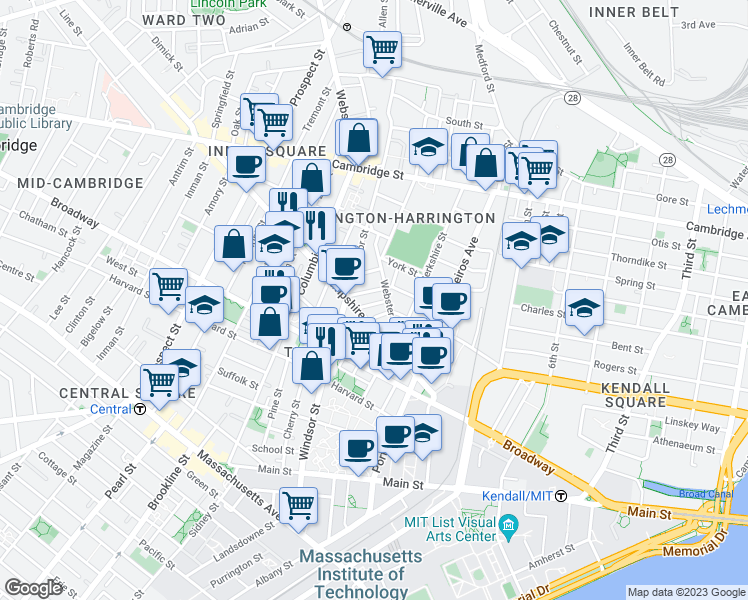 map of restaurants, bars, coffee shops, grocery stores, and more near in Cambridge