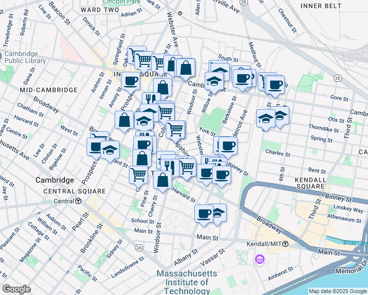 map of restaurants, bars, coffee shops, grocery stores, and more near in Cambridge