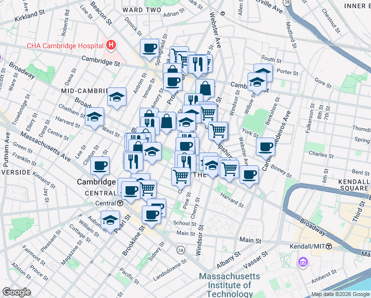 map of restaurants, bars, coffee shops, grocery stores, and more near 198-200 Norfolk Street in Cambridge