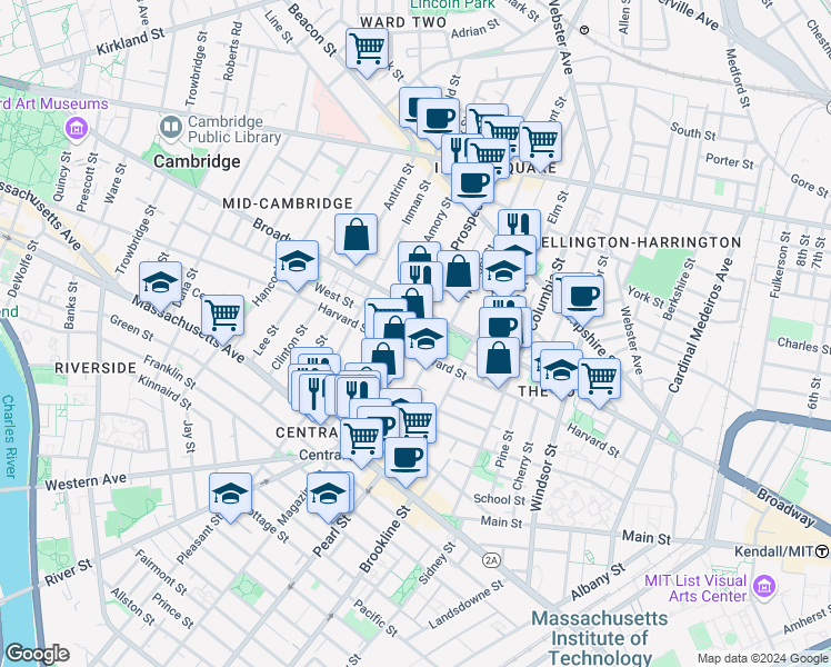 map of restaurants, bars, coffee shops, grocery stores, and more near 149 Prospect Street in Cambridge