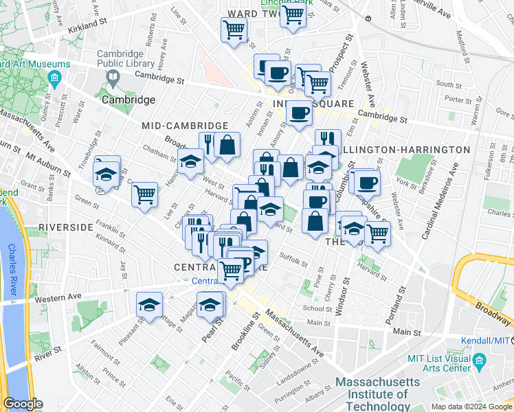 map of restaurants, bars, coffee shops, grocery stores, and more near 149 Prospect Street in Cambridge