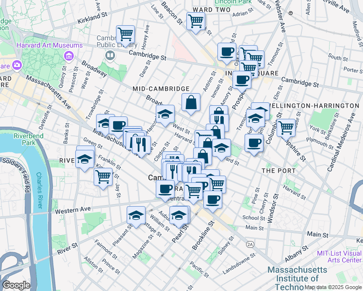 map of restaurants, bars, coffee shops, grocery stores, and more near 17 Bigelow Street in Cambridge