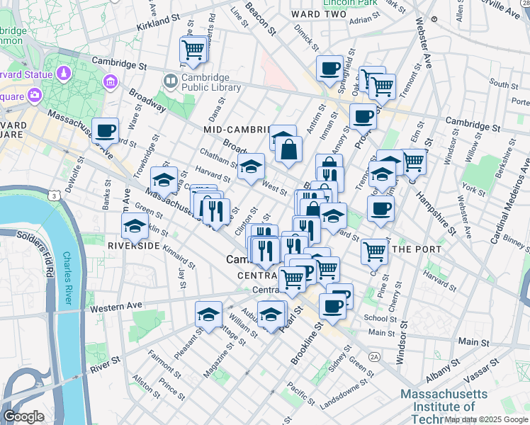 map of restaurants, bars, coffee shops, grocery stores, and more near 17 Bigelow Street in Cambridge