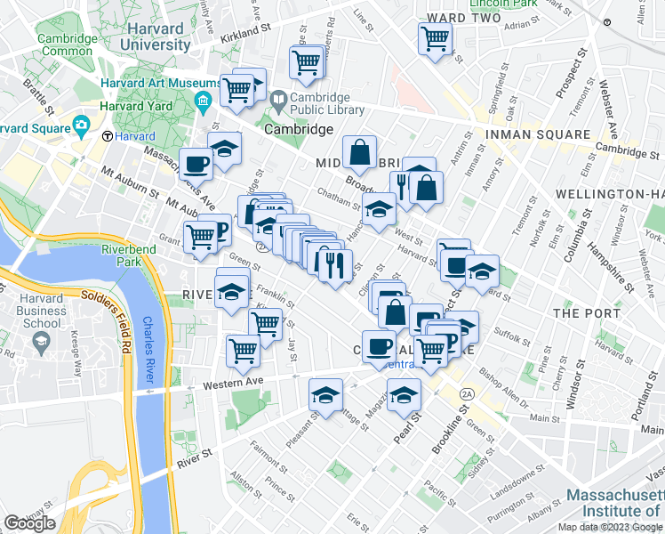map of restaurants, bars, coffee shops, grocery stores, and more near 106 Hancock Street in Cambridge