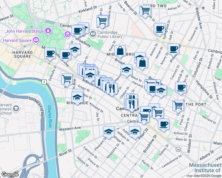 map of restaurants, bars, coffee shops, grocery stores, and more near 106 Hancock Street in Cambridge