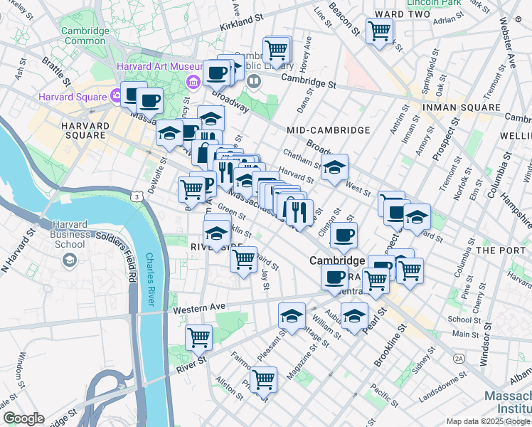 map of restaurants, bars, coffee shops, grocery stores, and more near in Cambridge