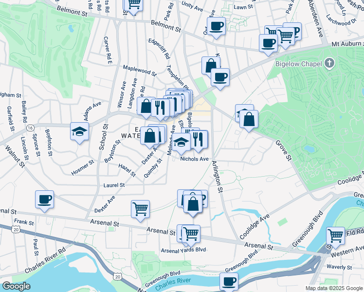 map of restaurants, bars, coffee shops, grocery stores, and more near 45 Elton Avenue in Watertown