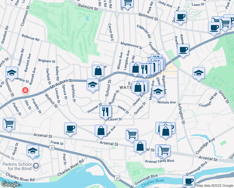 map of restaurants, bars, coffee shops, grocery stores, and more near 210 Boylston Street in Watertown