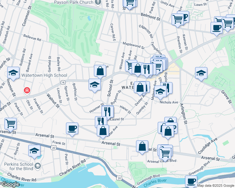 map of restaurants, bars, coffee shops, grocery stores, and more near 210 Boylston Street in Watertown