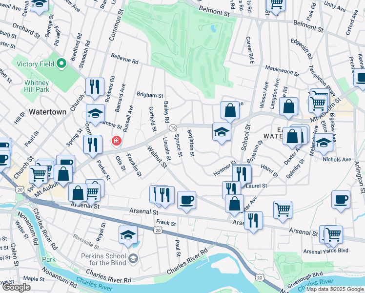 map of restaurants, bars, coffee shops, grocery stores, and more near 33 Boylston Street in Watertown