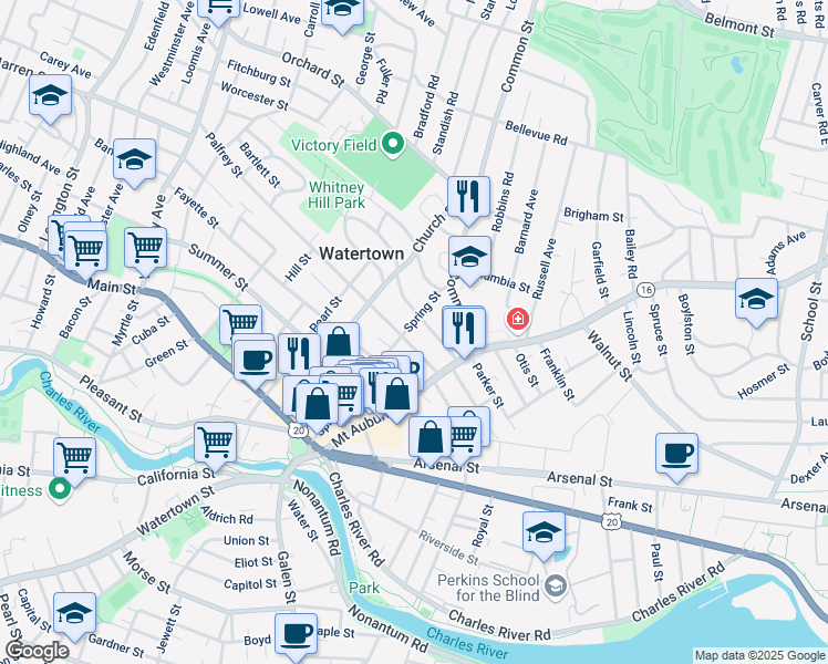 map of restaurants, bars, coffee shops, grocery stores, and more near 50 Marshall Street in Watertown
