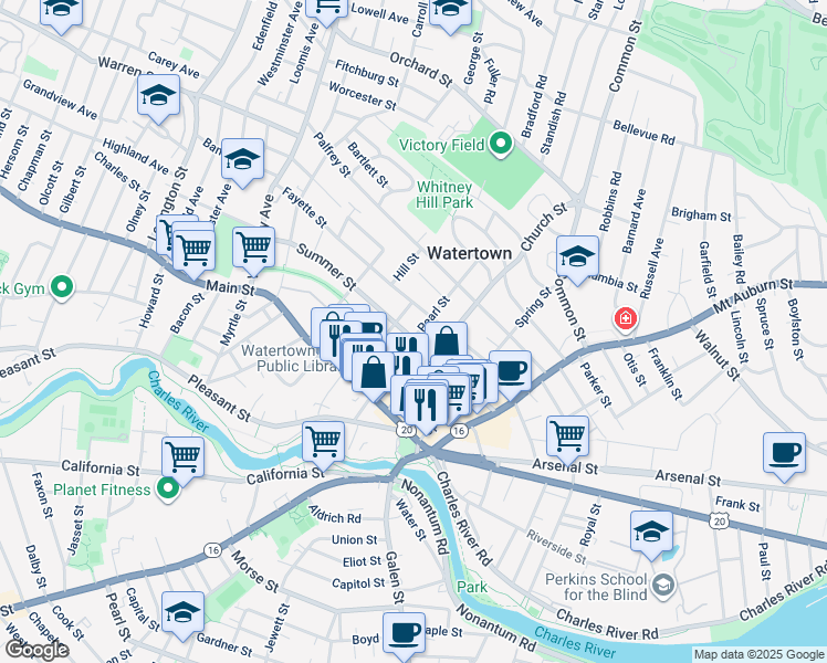 map of restaurants, bars, coffee shops, grocery stores, and more near 105 Summer Street in Watertown