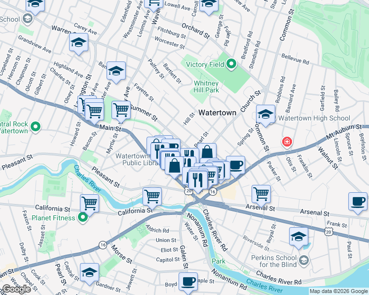 map of restaurants, bars, coffee shops, grocery stores, and more near 105 Summer Street in Watertown