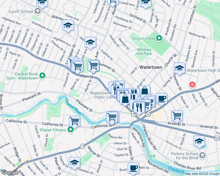 map of restaurants, bars, coffee shops, grocery stores, and more near 24 Whites Avenue in Watertown