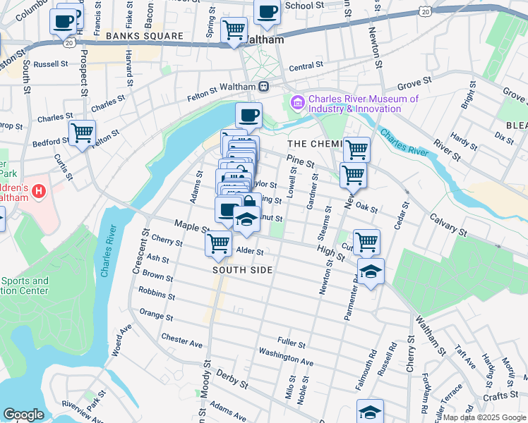 map of restaurants, bars, coffee shops, grocery stores, and more near 49 Hall Street in Waltham