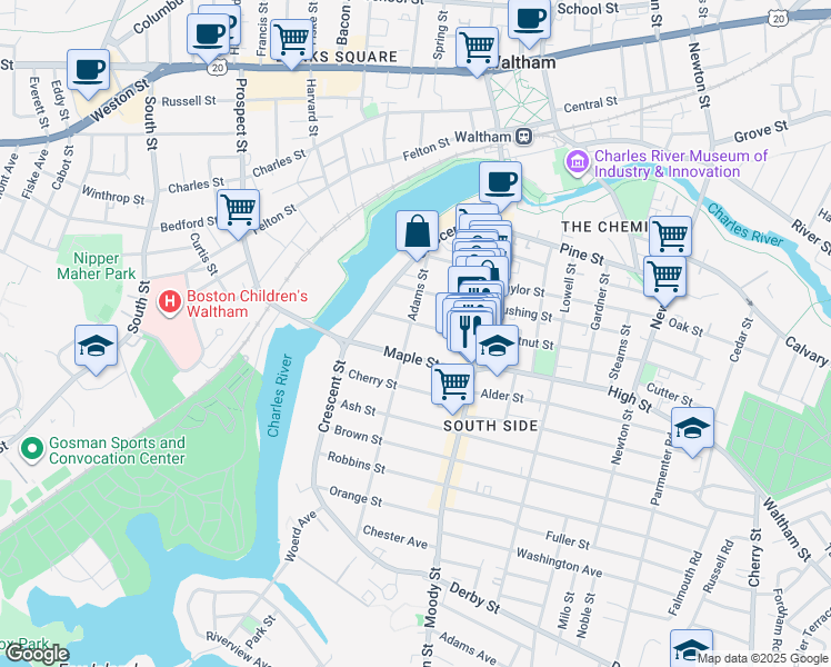 map of restaurants, bars, coffee shops, grocery stores, and more near 40 Chestnut Street in Waltham