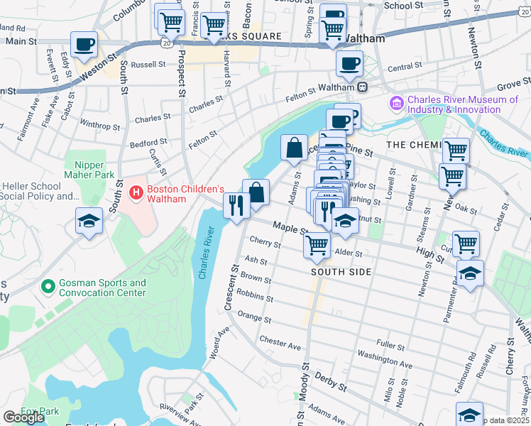 map of restaurants, bars, coffee shops, grocery stores, and more near 15 Chestnut Street in Waltham