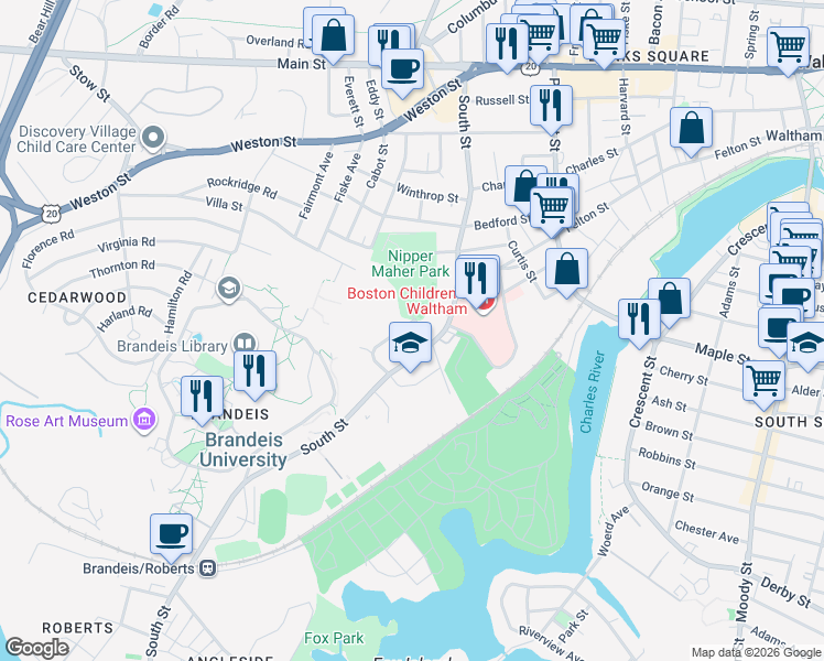map of restaurants, bars, coffee shops, grocery stores, and more near 17 Shakespeare Road in Waltham