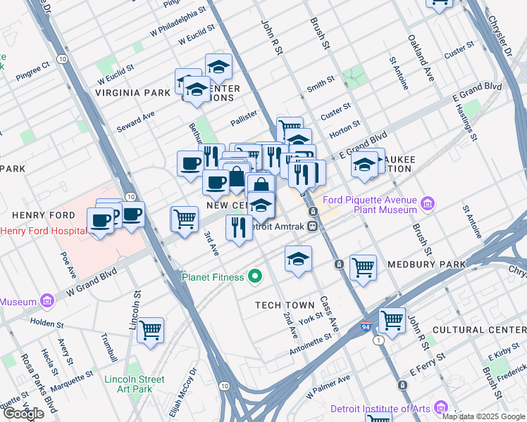 map of restaurants, bars, coffee shops, grocery stores, and more near 3030 West Grand Boulevard in Detroit