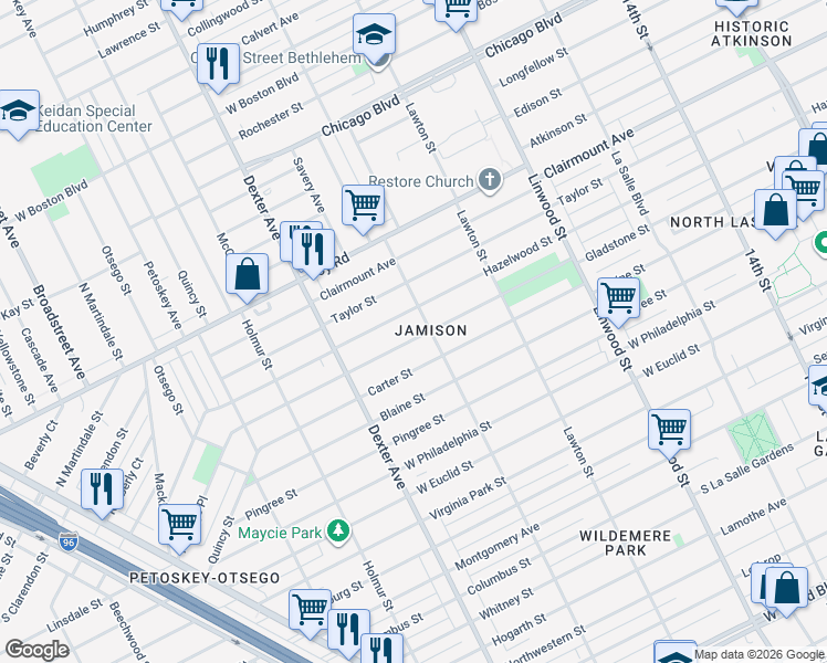 map of restaurants, bars, coffee shops, grocery stores, and more near 3236 Hazelwood Street in Detroit
