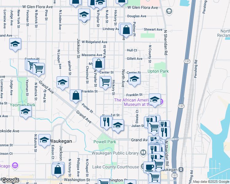 map of restaurants, bars, coffee shops, grocery stores, and more near 613 Hickory Street in Waukegan