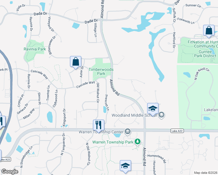 map of restaurants, bars, coffee shops, grocery stores, and more near 572 Prescott Lane in Gurnee