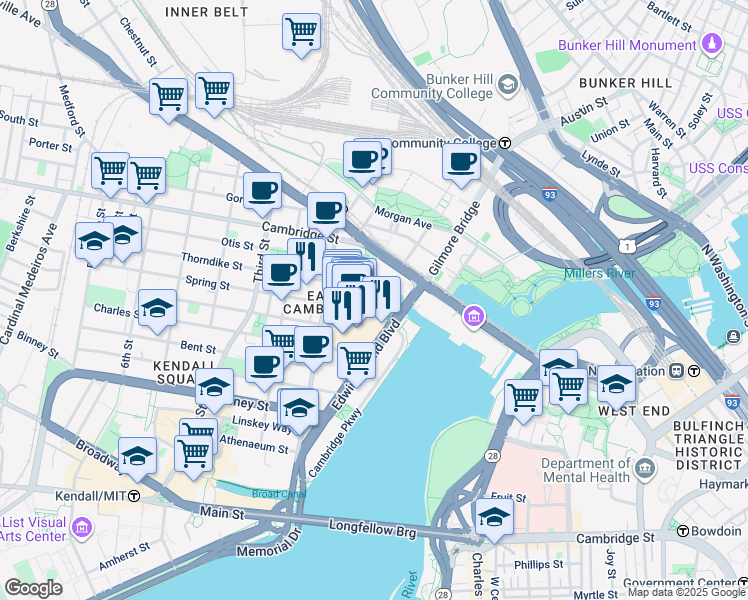 map of restaurants, bars, coffee shops, grocery stores, and more near 10 Canal Park in Cambridge