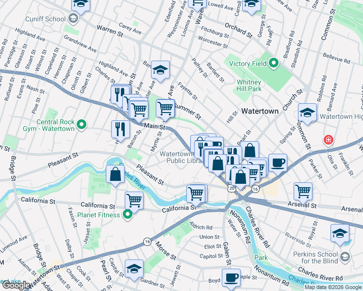 map of restaurants, bars, coffee shops, grocery stores, and more near 262 U.S. 20 in Watertown