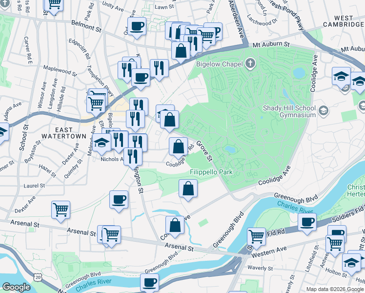 map of restaurants, bars, coffee shops, grocery stores, and more near 110 Coolidge Hill Road in Watertown