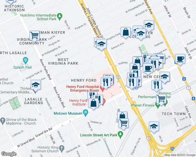map of restaurants, bars, coffee shops, grocery stores, and more near 1350 West Bethune Street in Detroit