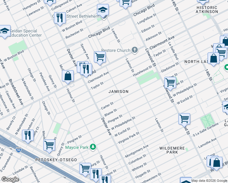 map of restaurants, bars, coffee shops, grocery stores, and more near 3236 Hazelwood Street in Detroit