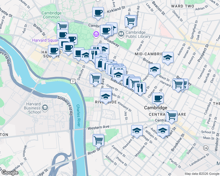 map of restaurants, bars, coffee shops, grocery stores, and more near 629 Green Street in Cambridge