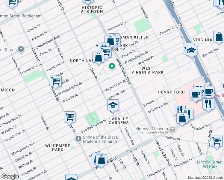map of restaurants, bars, coffee shops, grocery stores, and more near 2021 Virginia Park Street in Detroit