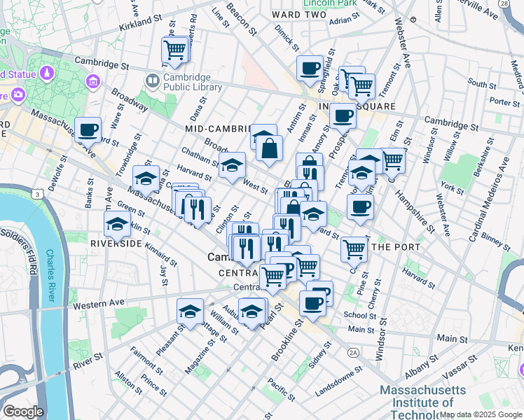 map of restaurants, bars, coffee shops, grocery stores, and more near 39 Inman Street in Cambridge