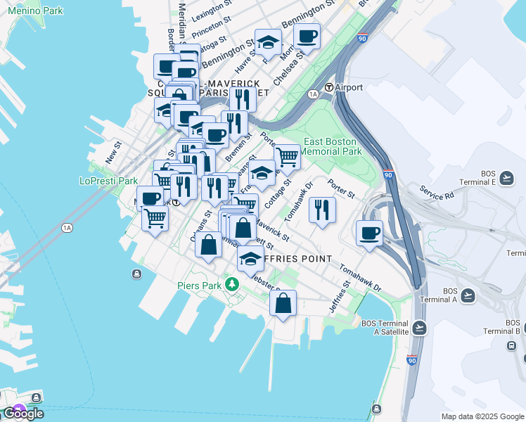 map of restaurants, bars, coffee shops, grocery stores, and more near 122 Cottage Street in Boston